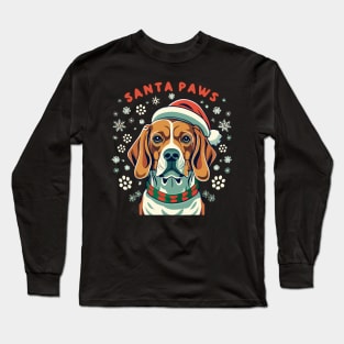 Cute beagle dog with christmas hat, Santa paws text Long Sleeve T-Shirt